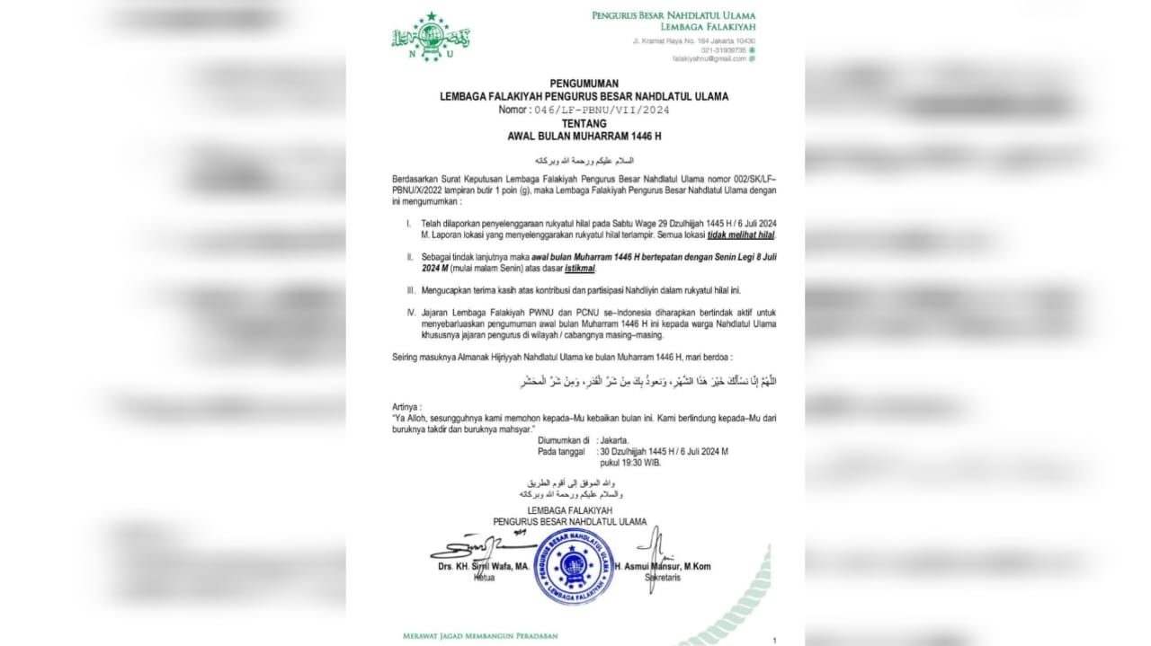 1 Muharram 1446 H Jatuh pada Senin Legi 8 Juli 2024