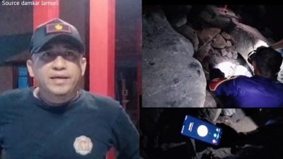 Damkarmat Lampung Selatan Selamatkan Ponsel yang Terperangkap di Sela Batu Pantai