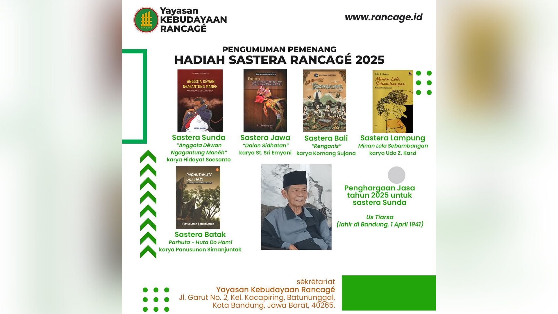 Udo Z Karzi Kembali Raih Hadiah Sastra Rancage, Hat Trick untuk Sastra Lampung
