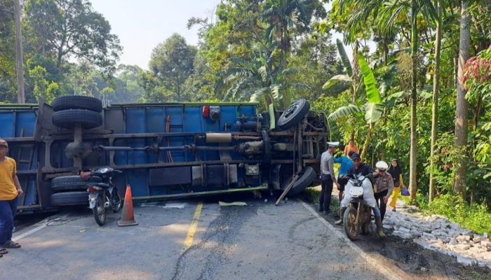 Tronton Bermuatan Hebel Terguling di Tanjakan Sedayu, Lalin Jalinbar Tanggamus Sempat Lumpuh