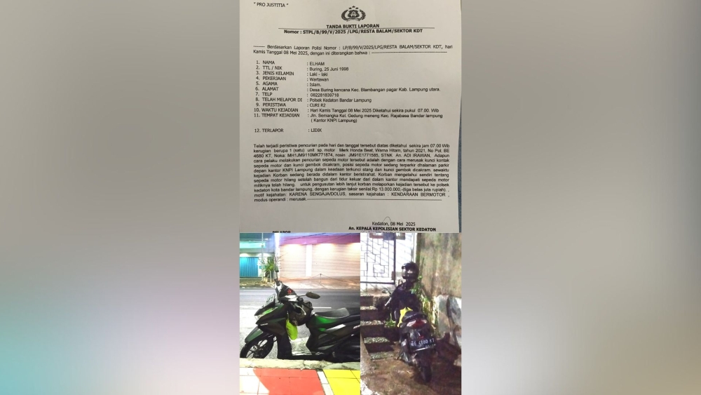 Sekretaris Wartawan IWO Lampung Jadi Korban Curanmor di Kantor KNPI
