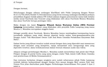 IWO Lampung Surati Polda, Minta Penghentian Kasus Hukum Jurnalis Monica Monalisa