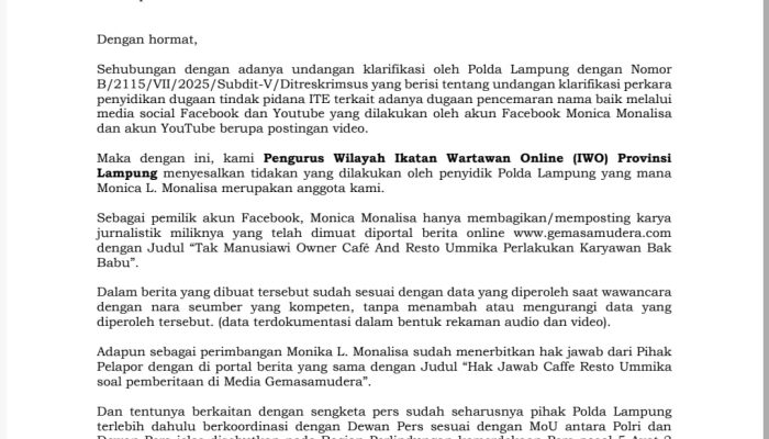 IWO Lampung Surati Polda, Minta Penghentian Kasus Hukum Jurnalis Monica Monalisa