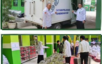 Kepala Madrasah dan sejumlah petugas dan guru MTsN 1 Bandar Lampung menyiapkan serta membagikan kotak makanan kepada para siswa dalam pelaksanaan perdana Program Makan Bergizi Gratis (MBG).