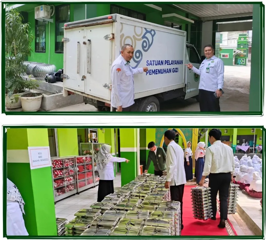 Kepala Madrasah dan sejumlah petugas dan guru MTsN 1 Bandar Lampung menyiapkan serta membagikan kotak makanan kepada para siswa dalam pelaksanaan perdana Program Makan Bergizi Gratis (MBG).