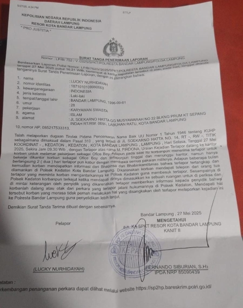 Ketua LSM KAKI Lampung Laporkan Mantan OB atas Dugaan Pencemaran Nama Baik