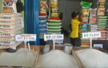 Seorang pedagang menata karung beras kemasan di kiosnya di Pasar Leuwiliang, Kabupaten Bogor, Selasa (5/8/2025).