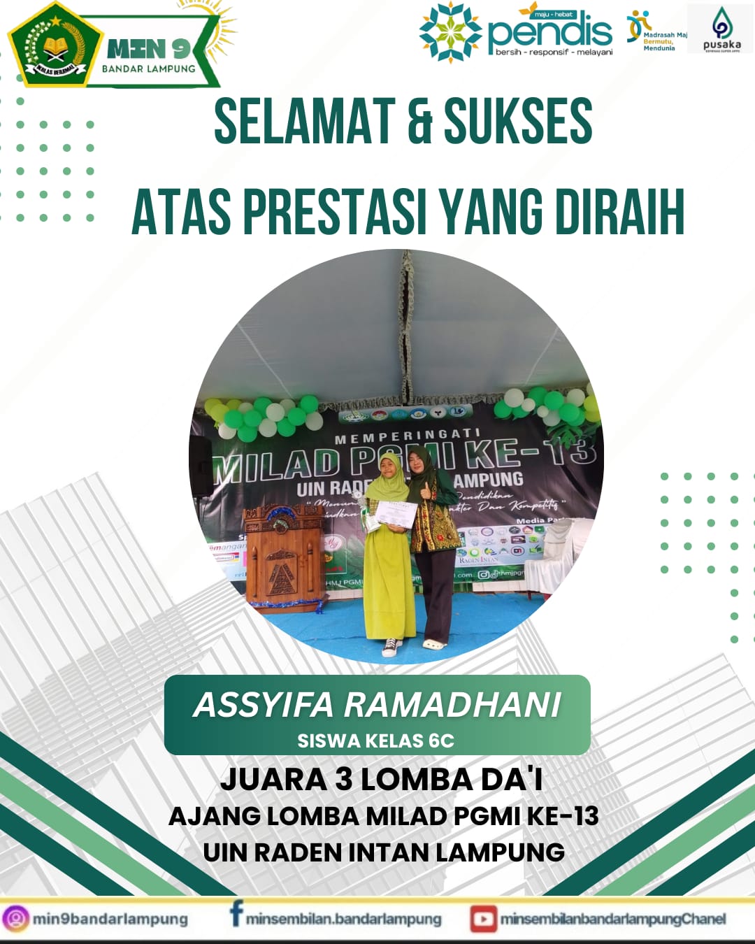 Assyifa Ramadhani Siswi MIN 9 Bandarlampung Raih Juara 3 Lomba Da’i Milad PGMI UIN RIL