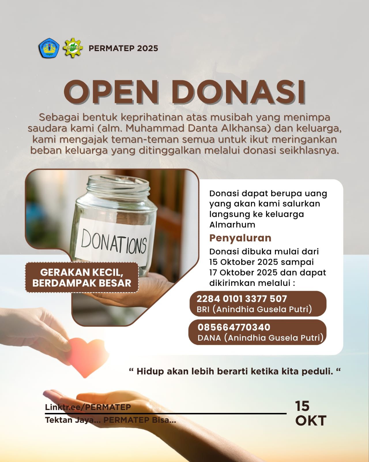 Tragedi Kebakaran Tewaskan Mahasiswa, PERMATEP Unila Galang Donasi untuk Keluarga Korban