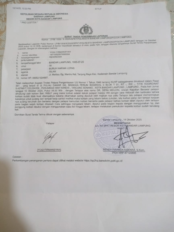 Diduga Aniaya ART Sejak 2017, Oknum Dokter PNS di Bandarlampung Dilaporkan ke Polisi