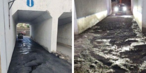 Perbedaan kondisi Jalan Hanoman di bawah jembatan rel kereta api (sebelum dan sesudah perbaikan).