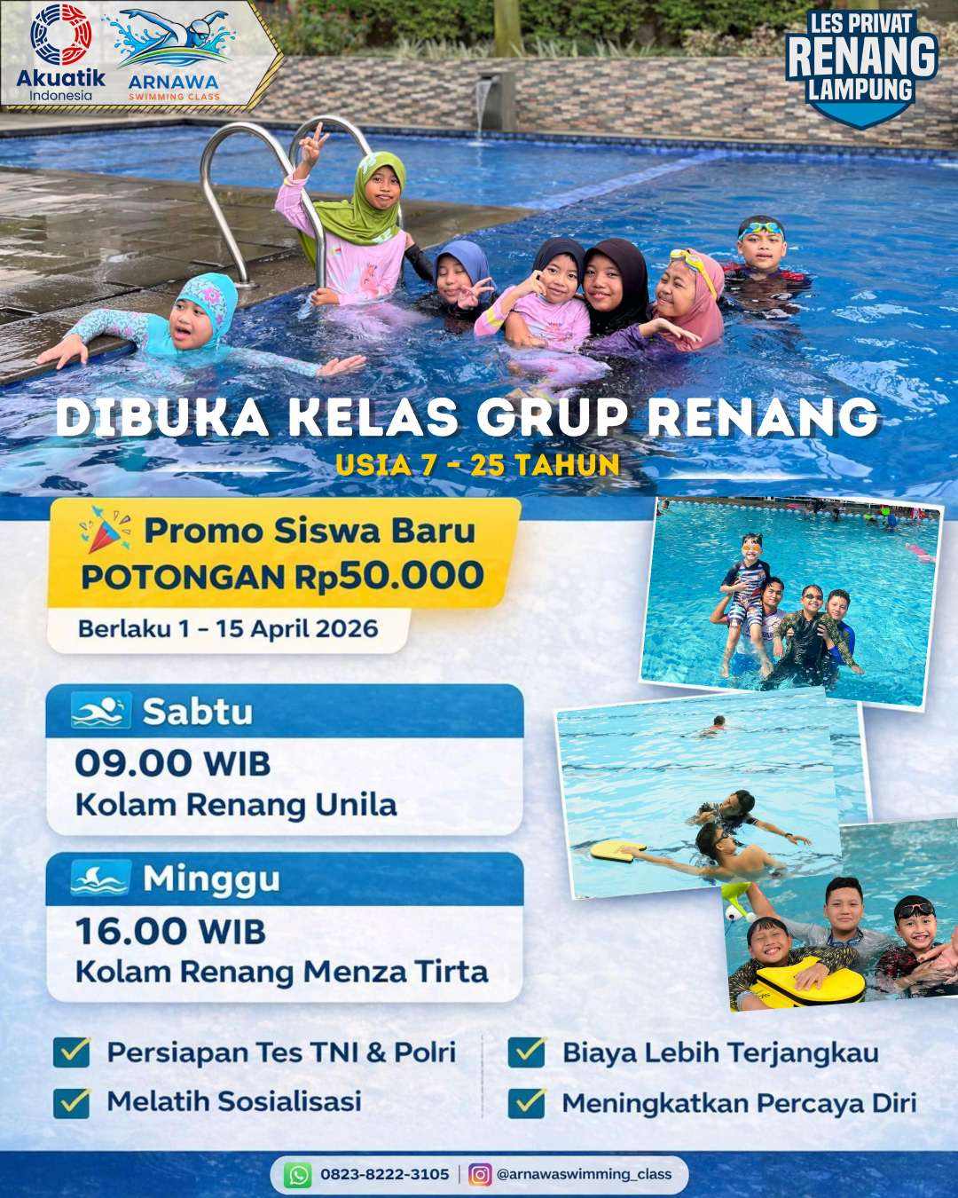 Gandeng Akuatik Indonesia, Arnawa Swimming Class Tawarkan Kursus Renang Akhir Pekan di Unila