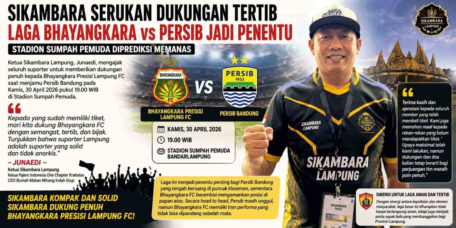 Bhayangkara FC vs Persib Memanas, Sikambara Serukan Suporter Jaga Marwah Lampung