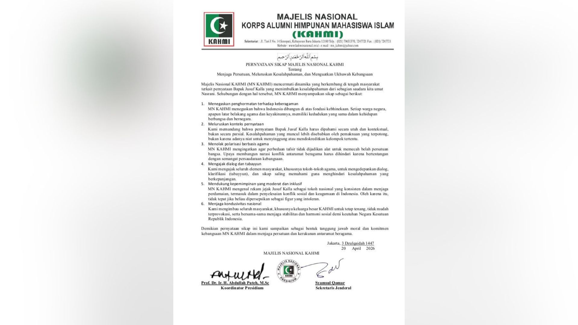 MN KAHMI Serukan Persatuan dan Klarifikasi Pernyataan Jusuf Kalla