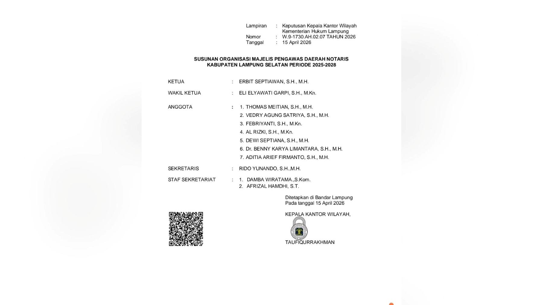 Erbit Septiawan Resmi Pimpin MPD Notaris Lampung Selatan Periode 2025–2028