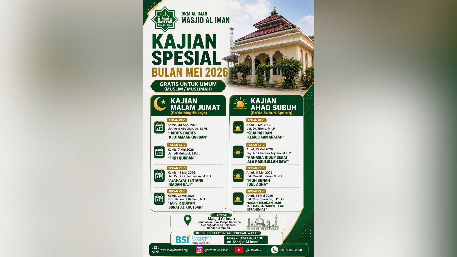 Masjid Al Iman Gedong Meneng Gelar Kajian Spesial Mei 2026, Gratis untuk Umum