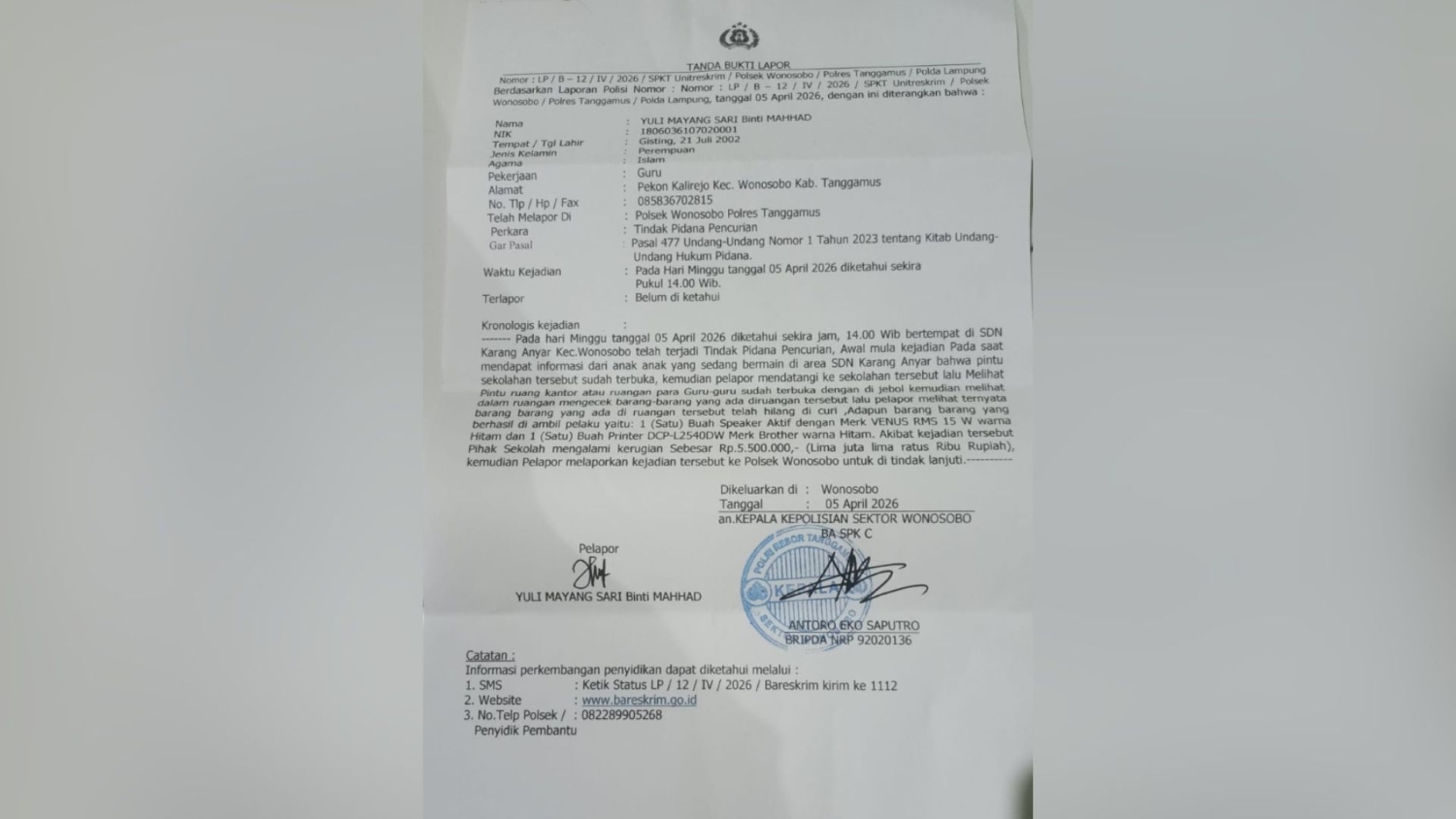 Pencurian Beruntun di Sekolah Tanggamus, SDN 1 Karang Anyar Kembali Jadi Korban