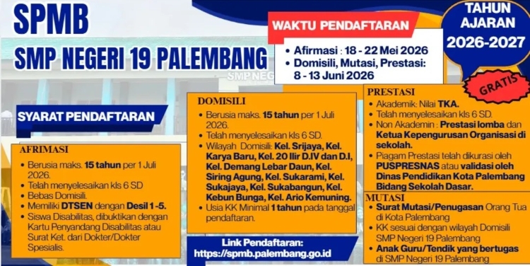 Pendaftaran SPMB SMPN 19 Palembang Tahun Ajaran 2026/2027 Resmi Dibuka