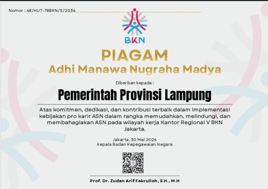 Sukses Terapkan 12 Kebijakan Karier ASN, Pemprov Lampung Raih Penghargaan dari BKN