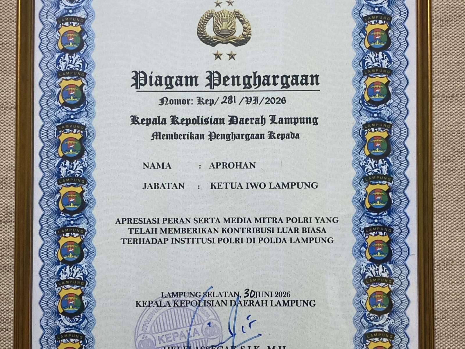 Sebut Frasa Kontribusi Luar Biasa Berlebihan, Ketua IWO Lampung Protes Piagam Hari Bhayangkara