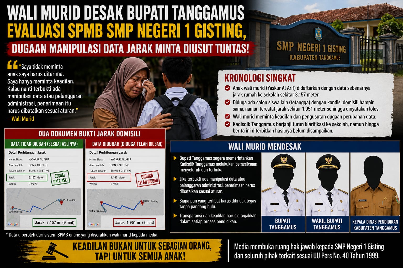 Wali Murid Minta Bupati Tanggamus Usut Dugaan Manipulasi Zonasi SMPN 1 Gisting
