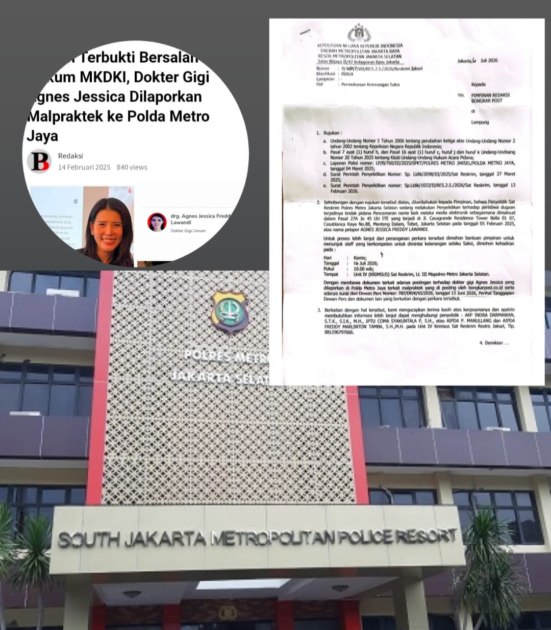 Terkait Laporan drg Agnes Jessica, Pemred Bongkar Post Dijadwalkan Diperiksa Krimsus