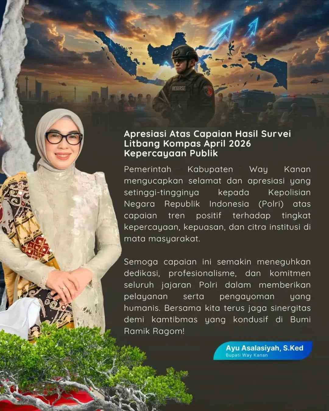 Bupati Way Kanan Apresiasi Capaian Positif Polri, Kepercayaan Publik Tembus 82,4 Persen