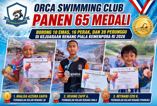 Orca Swimming Club Lampung Raih 65 Medali pada Kejuaraan Renang Piala Kemenpora RI 2026