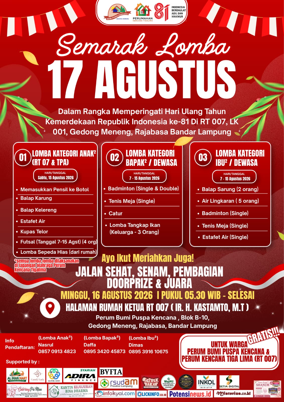 Bertabur Doorprize, Puncak Peringatan HUT RI RT 007 Rajabasa Dipusatkan di Halaman Rumah Ketua RT