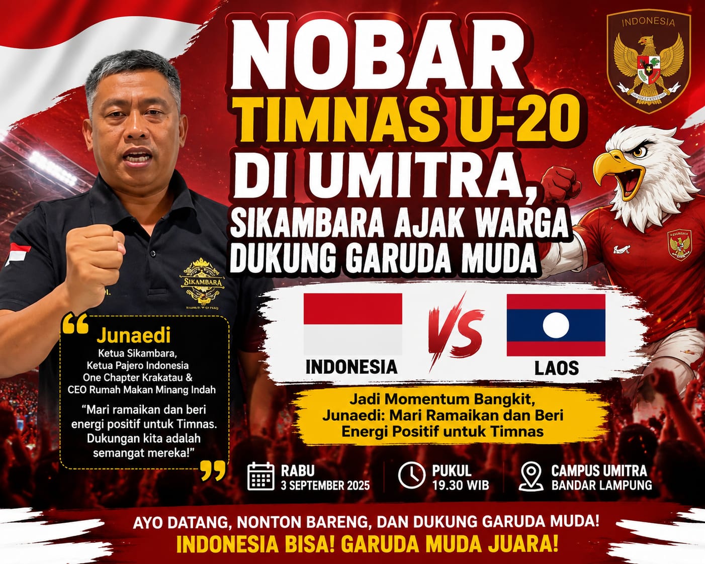 Sikambara Ajak Warga Lampung Nobar Timnas U-20 Indonesia vs Laos di UMITRA