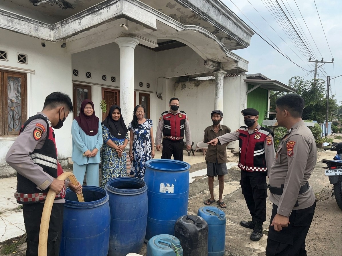 Kemarau Keringkan Sumur Warga, Sat Samapta Polres Way Kanan Salurkan Air Bersih ke Blambangan Umpu